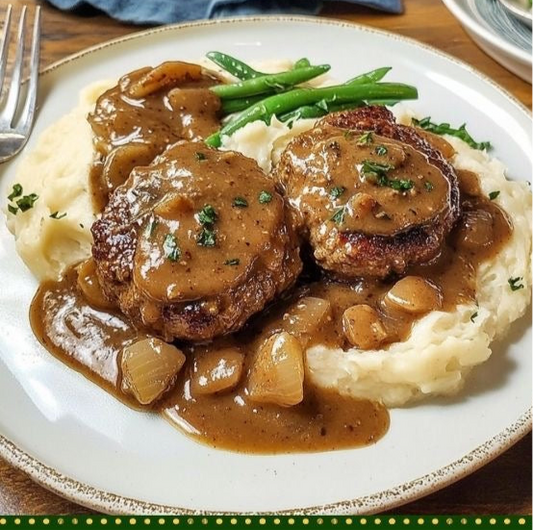 Salisbury Steak, buttered mashed potatoes & veggies